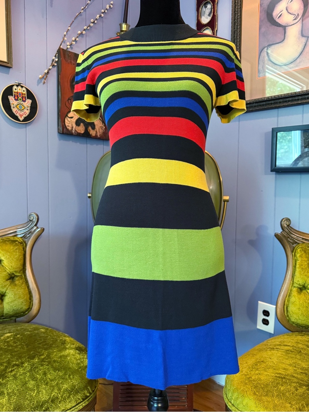Vintage 90s Liz Claiborne Striped Colorblock Reteo Mod Midi Dress Size S